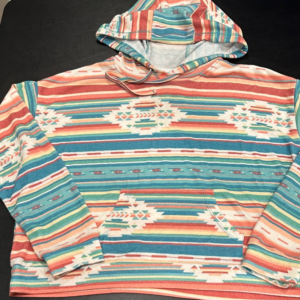 Striped Multicolor Aztec Southwest Hooded Long Sleeve Top